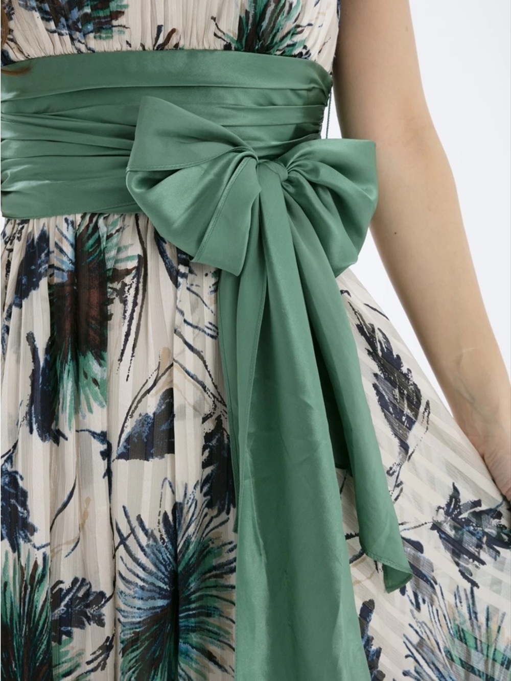100% Silk Strapless Green Floral A-Line Dress